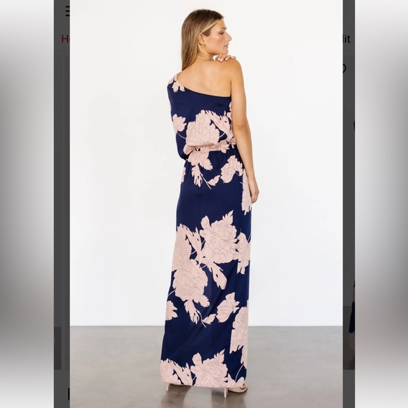 Elegant Navy and Pink Floral One-Shoulder Dress - Picture 6 of 12